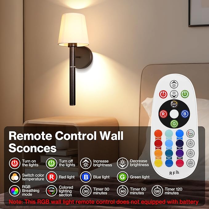 Battery Operated Wall Sconce Set of 2, 5200mAh RGB Wireless Wall Lights with Detachable Charging Stick & Dimmable Bulbs, 12 Colors Rechargeable Wall Lamps for Bedroom Living Room Hallway Decor, Black