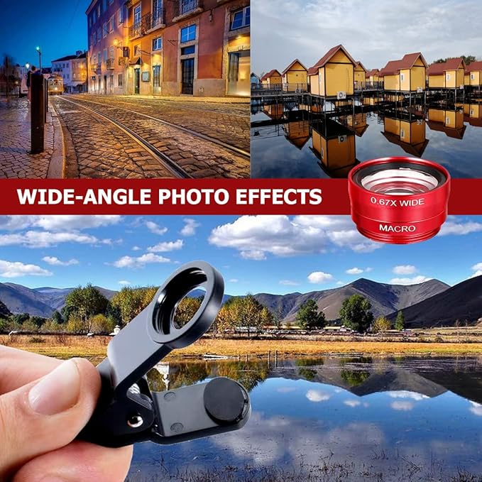 3 in 1 Phone Camera Lens Kit Camera Lens with Clip Fisheye Lens Wide Angle Lens and Macro Lens for Smartphones iPhone, Andorid (Red)