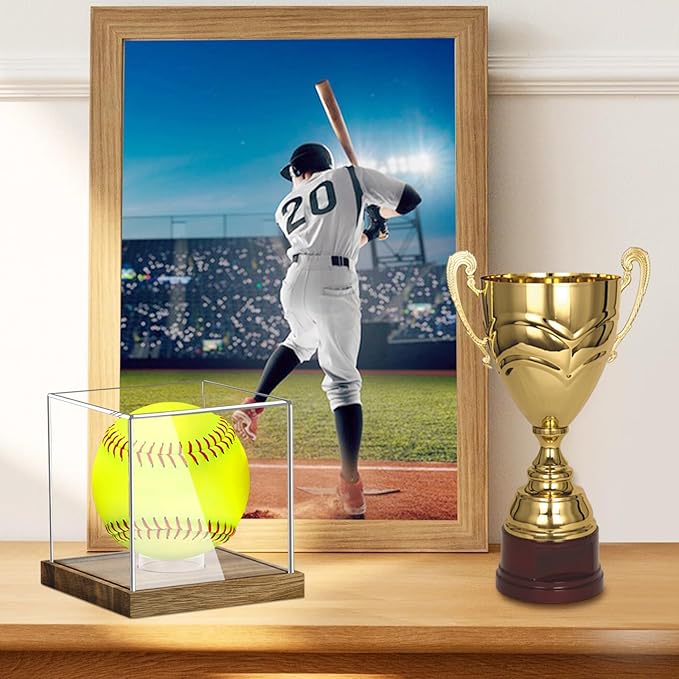 Hooqict Softball Display Case Clear Acrylic Ball Holder UV Protected with Wood Base Stand, Softball Case Display Box Championship Square Box for Golf Tennis Game Ball Baseball