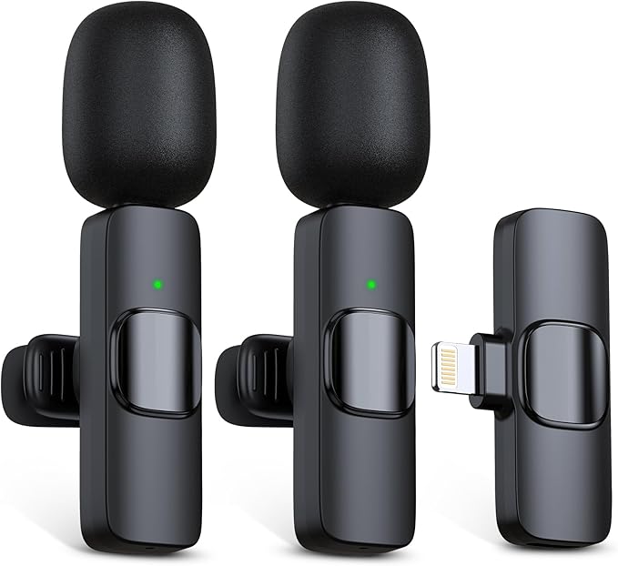 RICCHI Wireless Mini Microphone for iPhone 7-14 iPad, 2 Pack Wireless Lavalier Microphone Plug-Play Lapel Clip-on Mic for Recording, Live Streaming, Podcast, Facebook, YouTube, Vlog