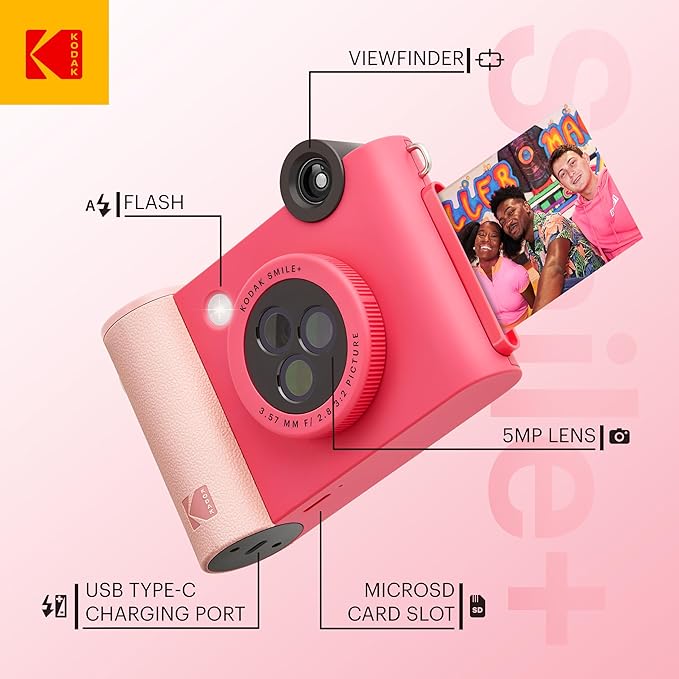 Kodak Smile+ 2-in-1 Digital Instant Print Camera & Printer Gift Bundle + Case + Zink 2x3 Sticky Back Photo Paper 20pk + Album + Sticker Sets + Sticker Frames + Hanging Frames + Markers - Fuchsia