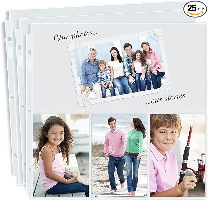Dunwell Scrapbook Page Protectors 12x12, (25 Pack) Fits 3-Ring Scrapbook Album Binder, Combo Layout Holds 150 4x6 Vertical Photos, plus 6x12 Top Pocket, 12x12 Refill Pages Protectors, Acid-Free Poly