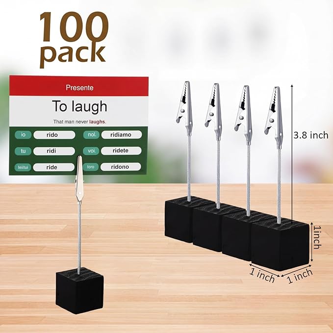 Gersoniel 100 Pcs Cube Base Memo Clip Holder with Alligator Clip Wood Table Number Holder Cube Base Place Card Stand Mini Photo Menu Stand for Displaying Number Card (Black)
