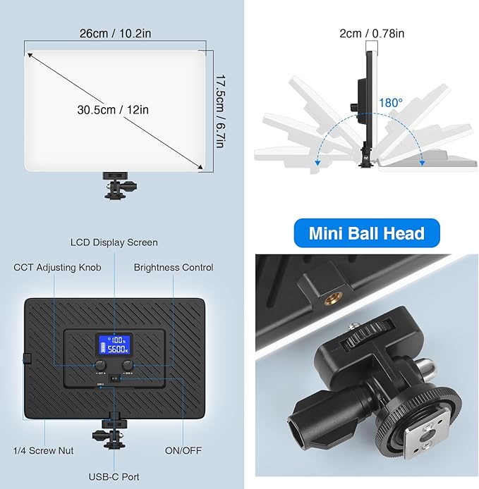 LED Video Light Panel, 20W Photography Lighting Portable Camera Soft Light Built-in 4000mAh Battery Type C, 2500K-8500K Photo Led Light for Video Recording Live Streaming Outdoor Indoor