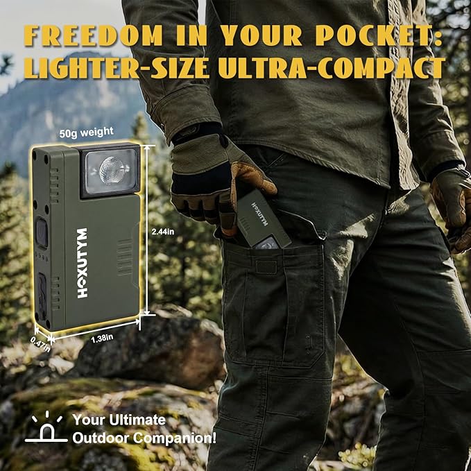 Clip-on LED Rechargeable Flashlights – 500lm EDC Mini Pocket Light, Hands-Free Magnetic Work Light with 180° Rotatable Clip & RGB Emergency Mode for Camping, Hiking, Repairs, Walkies, Green