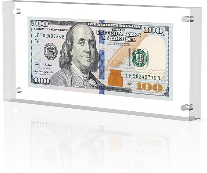 PONNOR Dollar Bill Frame, Acrylic Currency Display Holder, Self Standing Money Frame for Collectors Ticket Protector Photos Display Case（2pcs）
