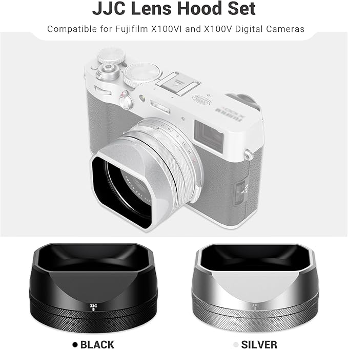 JJC Lens Hood for Fujifilm X100VI X100V Camera Accessories, Square Metal Lens Hood with 49mm Filter Adapter Ring and Cap Replaces Fuji LH-X100, Prevents Glare and Eliminates Vignetting (Silver)