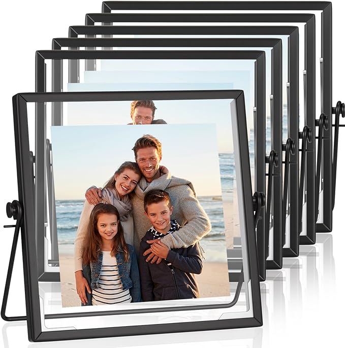 Amyhill Set of 6 Metal Picture Frames Vintage Minimal Ornate Floating Frames 4 x 4 Inches Photo Antique Easel Stand Vertical Glass Holder for Pictures Photos Desk Tabletop Display(Black)