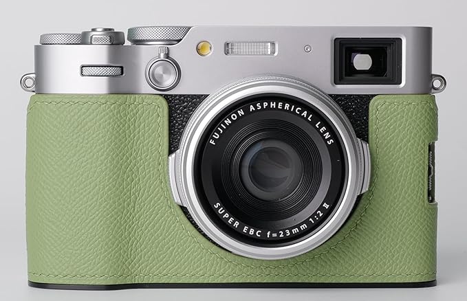Genuine Leather Camera Half Case for Fujifilm X100VI - Top Layer Cowhide Body + Metal Base Plate - Hand Shank Free Design (Shallow Green)