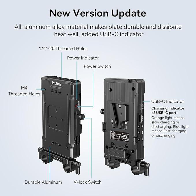 SmallRig V Mount Battery Adapter Plate with PD 65W USB-C Quick Charger, QC protocol USB-A, D-TAP, 8V & 12V DC Port, 15 mm Rod Clamp and Light Indicator, for Camera, Monitor, Transmitter, Phone - 3203B