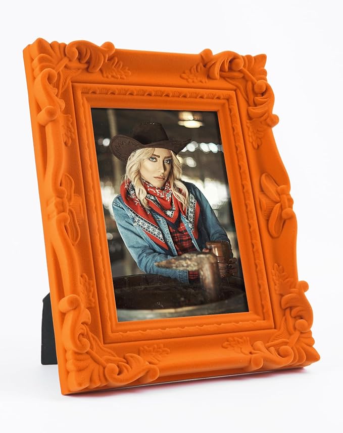 Orange Picture Frame 4x6 for Shelf Desk Table Decor, Colorful Ornate Frame with Velvet Touch for Diamond Paintings Art Prints Posters, Modern Gallery Wall Frames for Bedroom Decoration (Orange)