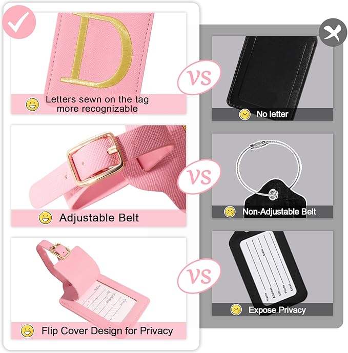 Initial Letter Luggage Tags for Suitcases, Embroidered Monogrammed Suitcase Luggage Identifier Name Tag, PU Leather TSA Approved Luggage Tags, Bag Tags for Men Women Kids Luggage Handbags(Pink D)