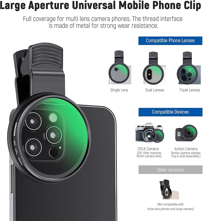 NEEWER 52mm CPL Filter for Phone, Clip On Circular Polarizing Lens Filter with Phone Clip, Case & Cleaning Cloth Compatible with iPhone 17 16 Android Samsung Galaxy S25 Ultra Camera, FL-26