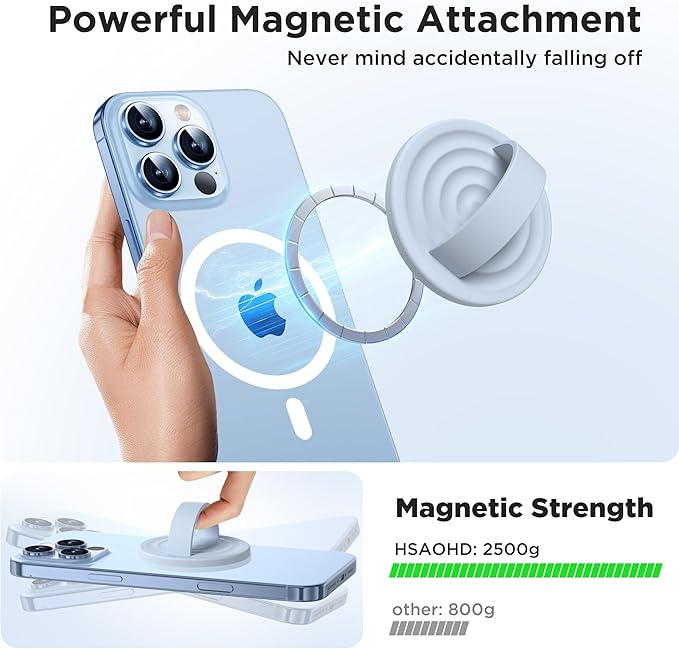 Upgraded Magnetic Phone Grip, Liquid Silicone Soft and Portable, Removable Finger Loop Ring Grip Holder for iPhone, Strong Magnetic Attraction, Compatible with MagSafe Phone Case, Baby Blue