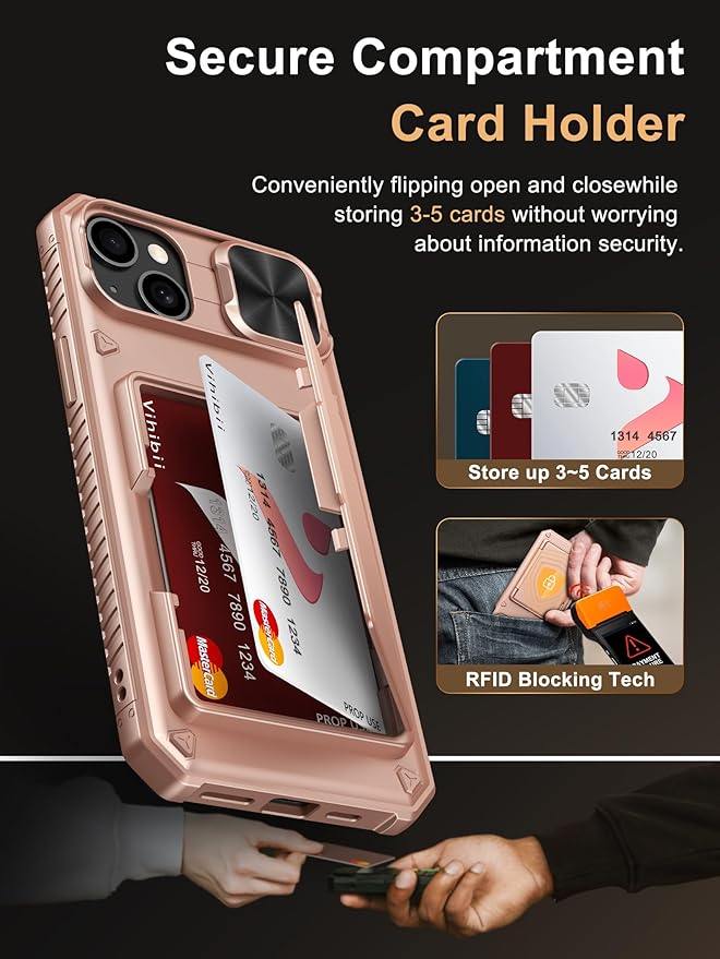 Vihibii for iPhone 15 Plus/iPhone 14 Plus Case with Card Holder (4 Cards), [RFID Blocking] & Slide Lens Camera Cover, Military Grade Drop Protection, Rugged Heavy Duty Wallet Phone Case, Rose Gold