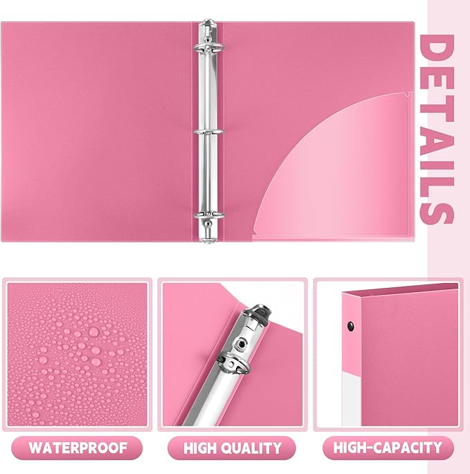 Henoyso 48 Pcs 3 Ring Binder 1/2'' Round Fits Letter Size 8.5'' x 11'' Paper Plastic Flexible Binder Holds 140 Sheets with 1 Pockets Versatile Organizer for Home Office School (Pink)