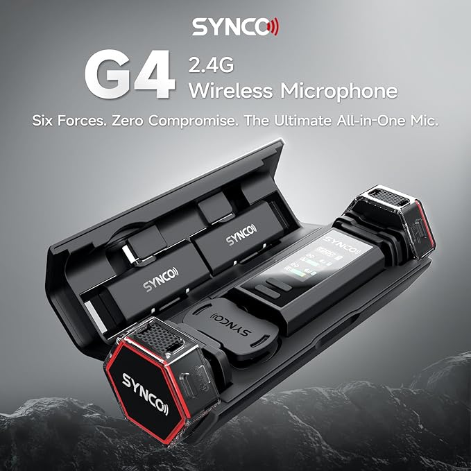 SYNCO G4 Wireless Lavalier Microphone System 2.4G with 200M Range 2.0 Noise Cancellation,Magnetic Clip Design,Portable Charging Case 8H Mini Mic for Broadcasting Vlog Stream YouTube DSLR Smartphone