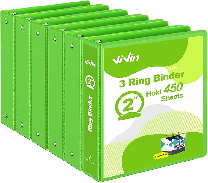 ViVin 2 Inch Round Ring View Binder for Durability, Standard 3 Ring Binder for 450 Sheets of US Letter Size Paper, PVC-Free, 6-Pack (Ivy Green)