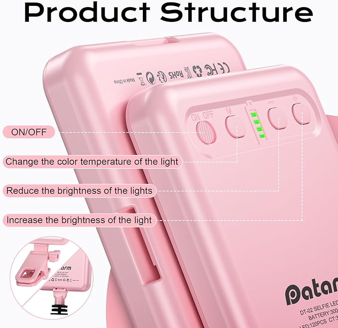 Rechargeable Soft Selfie Light for Phone, Camera, Laptop, 4-14H Battery Portable LED Light for Pictures, Phone Light Clip for Selfie, Vlog, TikTok, Makeup, Video Conference Pink
