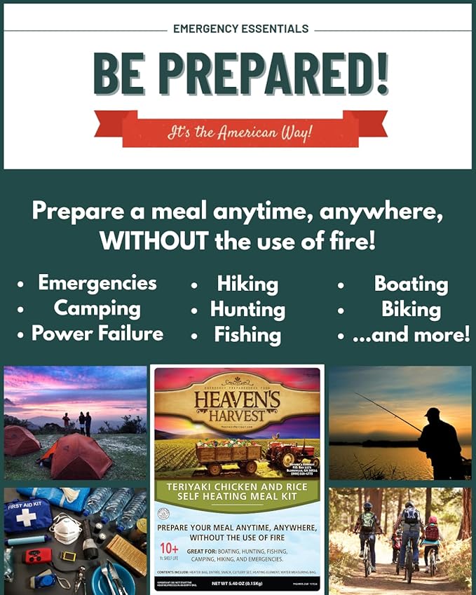 Heaven's Harvest Self-Heating Emergency Meal Kit (10 Year Shelf Life) — Tastier than MRE Meals & Ready-To-Eat in Minutes! Just add water to activate the “cooking” process. (Teriyaki Chicken) (6-Pack)