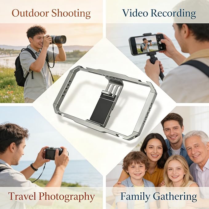 Smartphone Video Rig Camera Cage, Aluminum Alloy Vlogging Stabilizer Grip, Adjustable Bracket for Phones 2.5-3.4 Inch - Multi Expansion Mounts, Anti Shake Design, Ideal for Mob