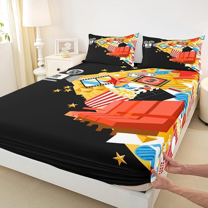 Erosebridal Movie Bed Sheets Set Full Home Theater Decor Sheet Set for Boys Girls Family Movie Theater Decor Sheets Film Lover Modern Fitted Sheet Popcorn Filmstrip Print Flat Sheet