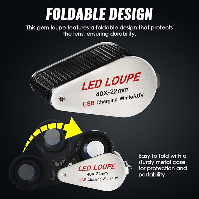 40x Jewelers Loupe Magnifier with UV & LED Lights, 22mm Triplet Lens Rechargeable Jewelers Loupe Foldable Jewelry Magnifier Portable Jewelry Magnifier Inspection Loupe for Gems, Jewelry, Coins, Rocks