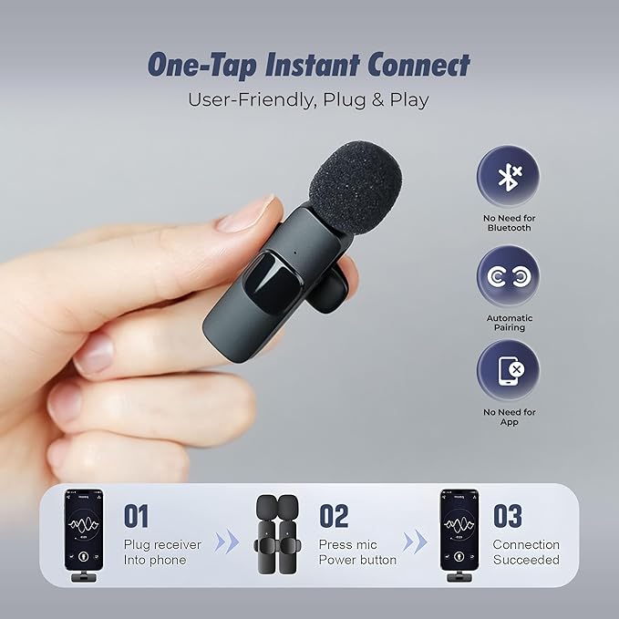 Wireless Lavalier Microphone 2-Pack – Compatible with iPhone, iPad, iOS, Android – Mini Mics with USB-C, Noise Reduction Lapel Mic for Video Recording, Vlogging, YouTube, TikTok (Black)