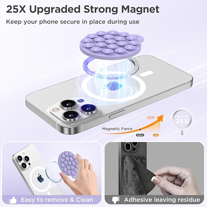 Magnetic Suction Cup Phone Mount with MagSafe, Silicone Hands-Free Grip Holder for iPhone Case and Android, Mirror Shower Phone Stand for Makeup FaceTime Gym Kitchen Bathroom, Lilac Purple