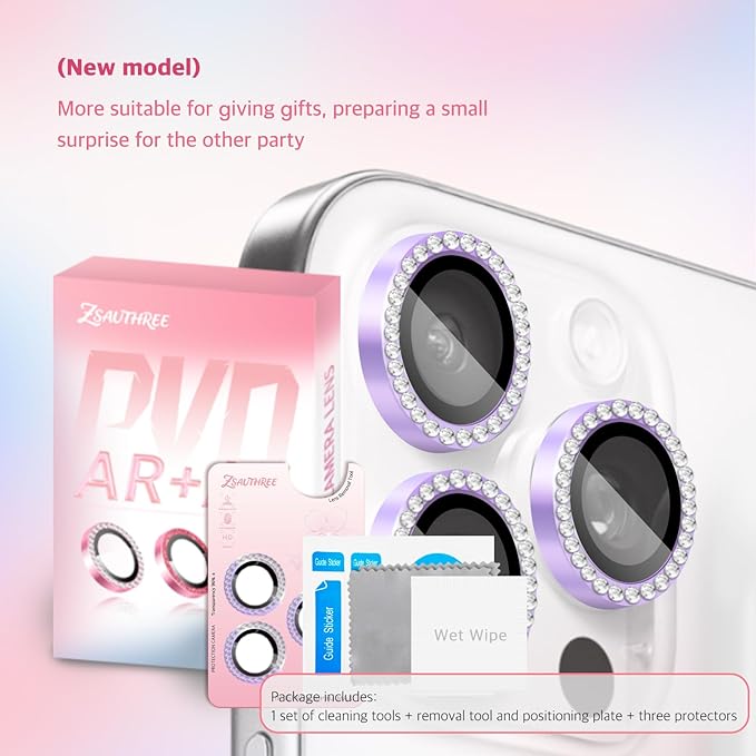 Camera Lens Protector Bling Compatible for iPhone 16 Pro/16 Pro Max,9H Tempered Glass,1Step Installation Tray,HD Clear/Military Grade Shatterproof/Scratch Resistant(Diamond Purple)