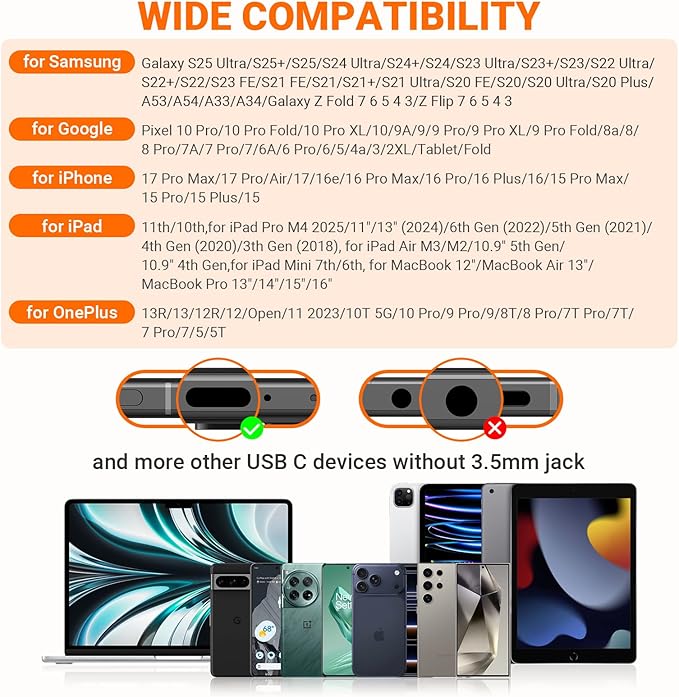USB C Headphones for iPhone 17 Pro Max Air 16 15, Type C Earphones with Microphone Magnet Stereo Wired Earbuds for Samsung Galaxy S26 S25 Ultra S24+ 23 A53 S21 S20 FE Flip 7 6 Fold/Pixel 10 9, Orange