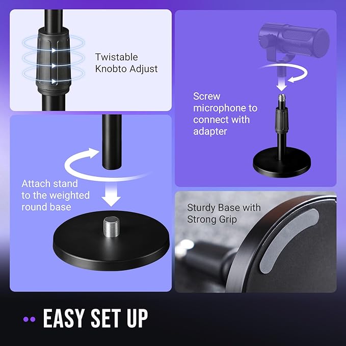 FIFINE Desktop Microphone Stand, Heavy-Duty Metal Adjustable Table Mic Stand with 5/8" Male to 3/8" Female Screw Adapter, 4 Non-Slip Pads Compatible with Microphones for Recording, Streaming-BS1