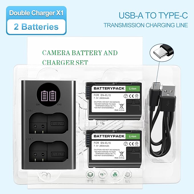 EN-EL15 Replacement Battery 2-Pack with LCD Dual Charger - 2800mAh Li-ion Battery for Nikon D850 D750 Z6II Z7II Z5 D500 D7500 D800 Z8 Zf D810 D800E D810A D600 D610 1 V1 DSLR & Mirrorless Cameras