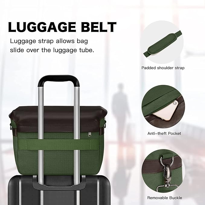MOSISO Camera Case Crossbody Shoulder Messenger Bag, DSLR/SLR/Mirrorless Photography Vintage PU Leather Flap Gadget Bag with Rain Cover Compatible with Canon/Nikon/Sony Camera and Lens, Army Green