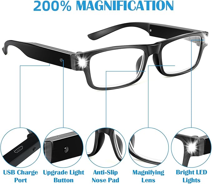 NZQXJXZ 200% Magnifying Glasses with Light,USB Rechargeable LED Lighted Magnifying Eyewear,Hands Free Head Magnifier Eyeglasses for Close Work, Hobbies,Reading,Craft,DIY Black
