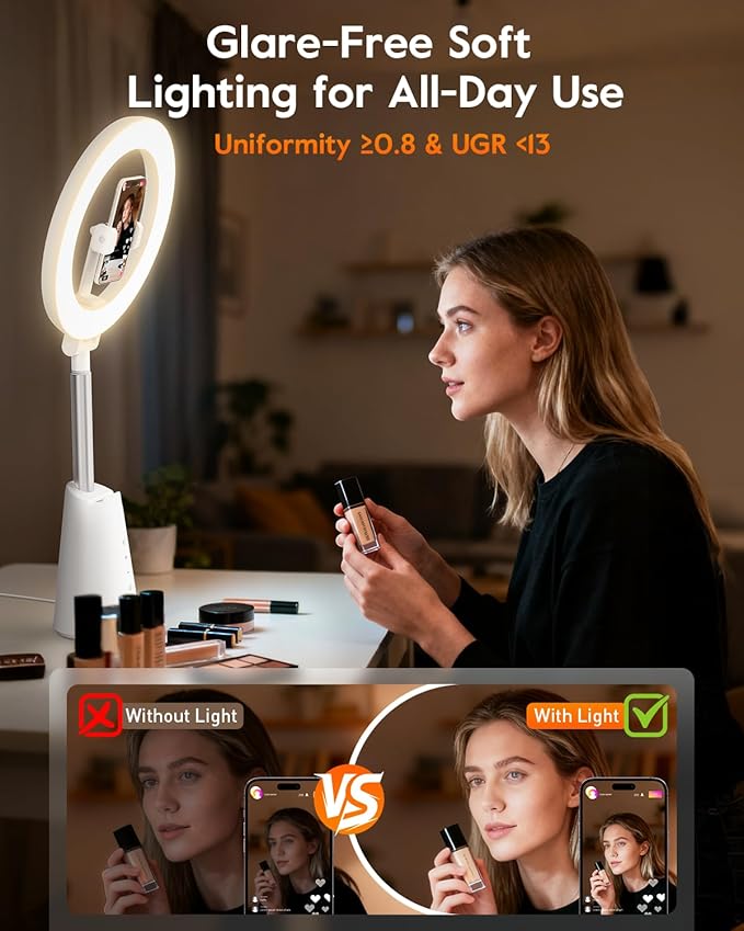 11" True-Color Phone Ring Light with Stand & Dual Phone Mounts – CRI 98+ Soft Desk Selfie Light, 224 LEDs, 4 Color Modes, Touch Control for Makeup, Live Streaming, Video Recording, Zoom Calls & TikTok