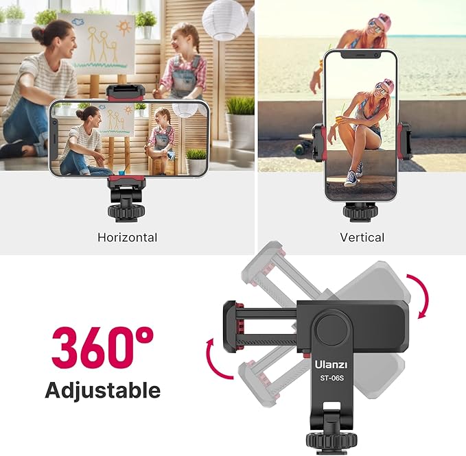 ULANZI Phone Tripod Mount ST-06S, Universal Smartphone Mount Adapter with 2 Cold Shoe, 360° Rotates Adjustable Cell Phone Clip Clamp Holder, Compatible with iPhone17/16/15, Samsung Galaxy Smartphones