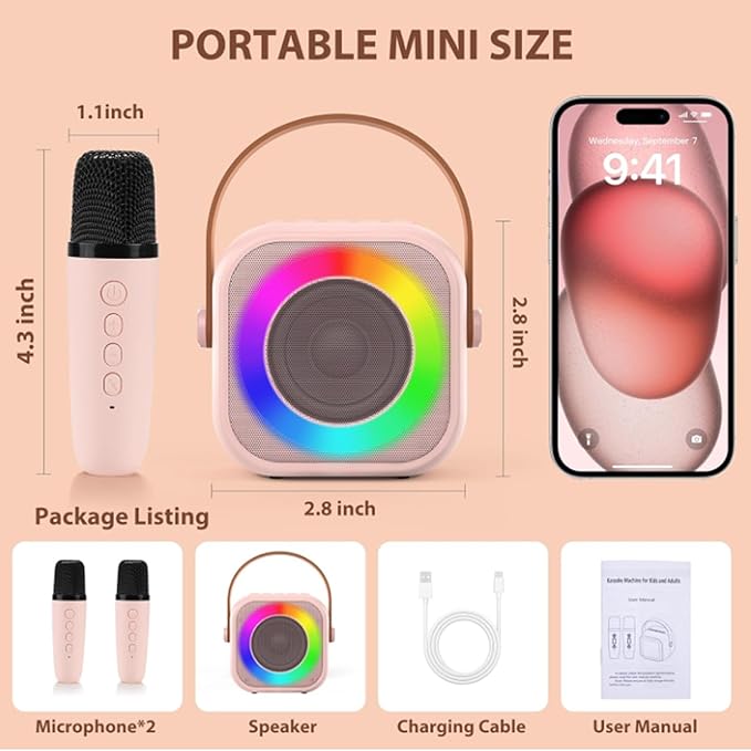 Mini Karaoke Machine for Kids,Birthday Gifts for 3-12 Year Old Girls and Boys, Portable MP3 Player with 2 Wireless Mics for Party,Pink