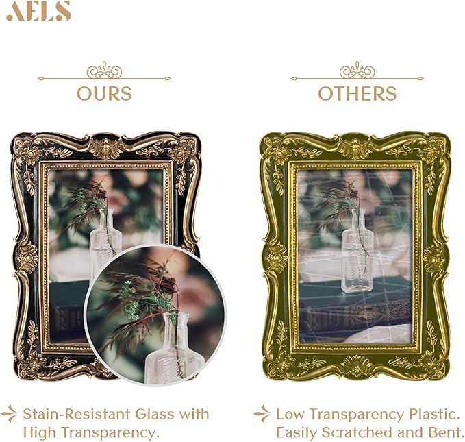 AELS 4x6 Inch Vintage Picture Frame, Elegant Antique Photo Frames with Glass Front, Photo Display, Tabletop Wall Hanging, Gift Ideas, Gold and Black