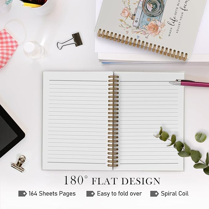 Photography Spiral Notebook, Inspirational Photographer Gifts Journal Notebook, Camera Floral Notebooks for School Work, Motivational Office Supplies Gifts for Women Photographer, 5.5x8.3 Inch
