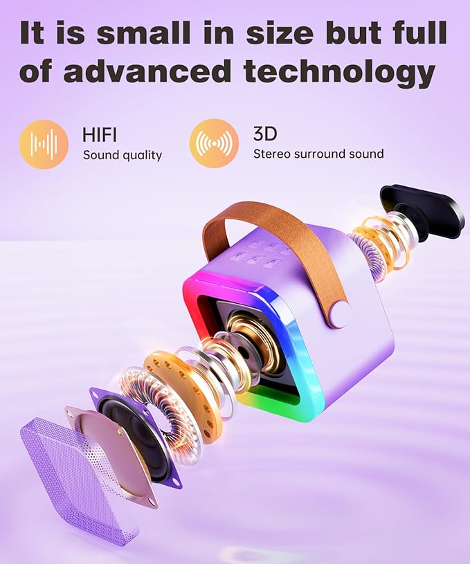 Mini Karaoke Machine Speaker for Kids Adults,Portable Bluetooth with 1-2 Wireless Microphones,Christmas Birthday Gifts Toys Girls Boys Ages 4, 5, 6,7, 8,9,10,11,12+ Years Old Toddler (Purple - 1 Mic)