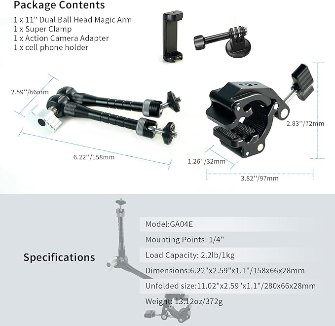 FIFIELD CNC Machined 11" Articulating Magic Arm Clamp Mount with Super Clamp, 360° Dual Ball Head & 1/4" ARRI Locating Pin&Holes, Heavy-Duty Camera Monitor Mount for Camera, Phone, LED Light, w/Clamp