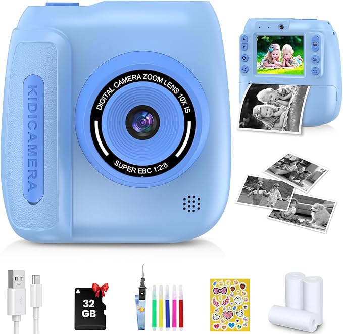Kids Camera Instant Print, 2.4 Inch Screen Kids Instant Cameras, 1080P Video Recording, Christmas Birthday for Girls Age 3-12, with 3 Rolls Print Paper & 32GB Card, Blue