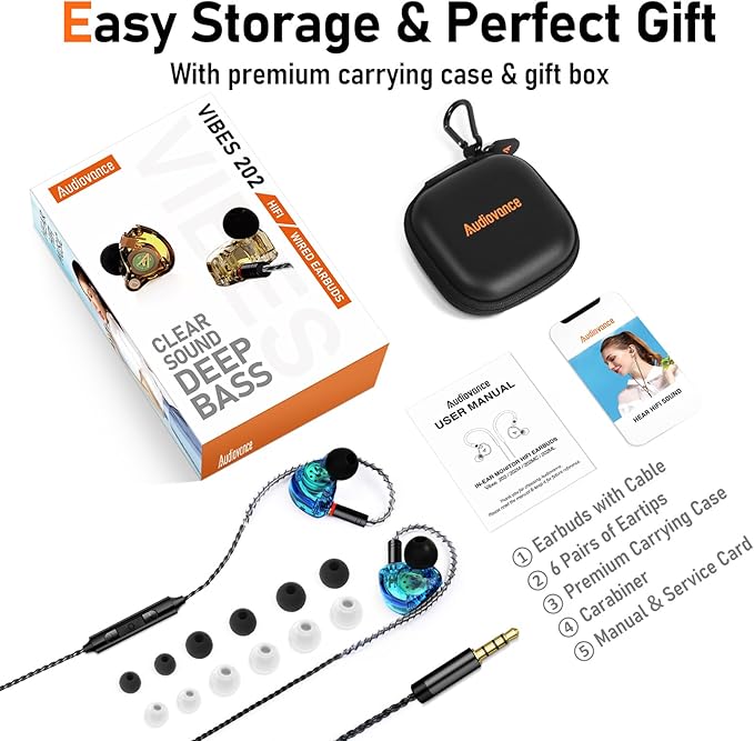 Vibes 202M Wired Earbuds - HiFi in Ear Monitor Headphones - Noise Isolating Ear Buds w/ Mic - Clear Sound, Deep Bass & Comfort-Fit Gaming Earphones - MMCX to 3.5mm & Silver Plated Cord, Carrying Case