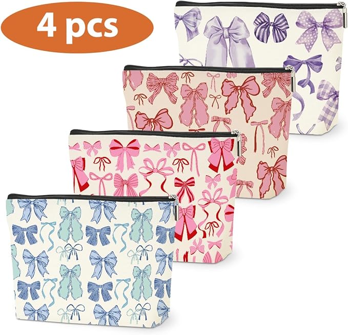 4 PCs Bow Stuff Makeup Bag Coquette Stuff Cosmetic Bag, Bow Gifts for Women Teen Girls Best Friends Daughter Coworkers, Cute Bow Stuff Christmas birthday Gifts Zipper Pouch Toiletry Bag