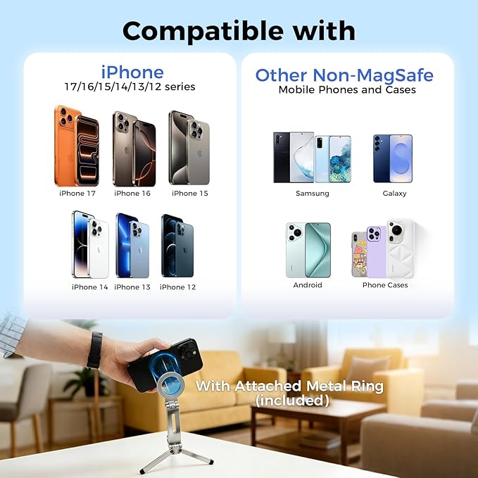 Magnetic Phone Tripod Stand, 360° Rotating Foldable Aluminum Mount for All Phones, Strong Magnetic Grip, Telescopic Adjustable Design for Desk, Travel, Photography, Live Streaming, and Video Calls