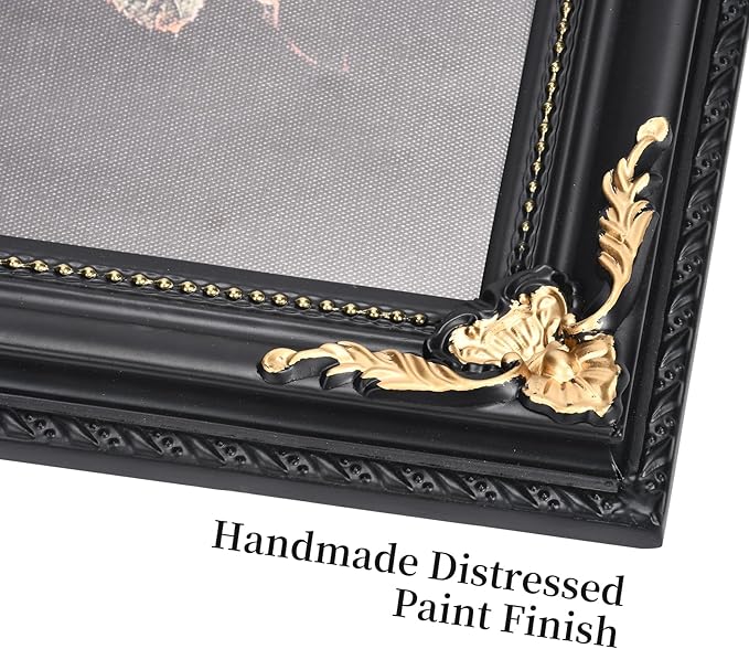 11x14 Vintage Picture Frame - Black Wood with Gold Embossed Flower, Gothic Ornate Antique Photo Frames with Real Glass, Tabletop or Wall Hanging Display