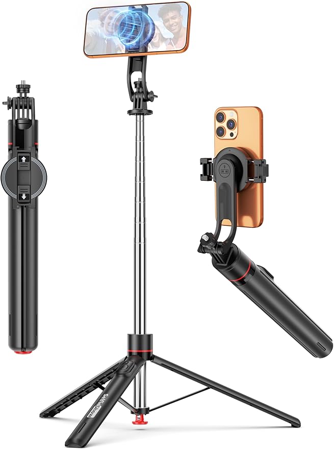 70'' Magnetic Automatic Selfie Stick Travel Tripod for Cell Phone, Auto Opening Phone Tripod Stand with Magnetic Remote, 360° Rotatable Extendable Smartphone Stand Compatible with iPhone/Android