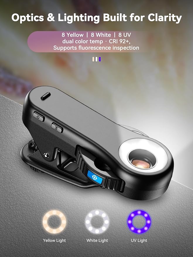 MIAO LAB Phone Microscope, 40x/80x/120x 3-in-1 Switchable Magnification Portable Microscope with LED UV Light CPL Lens for iPhone & Android Phone Zoom Lens Attachment for Plants/Coins/Jewelry