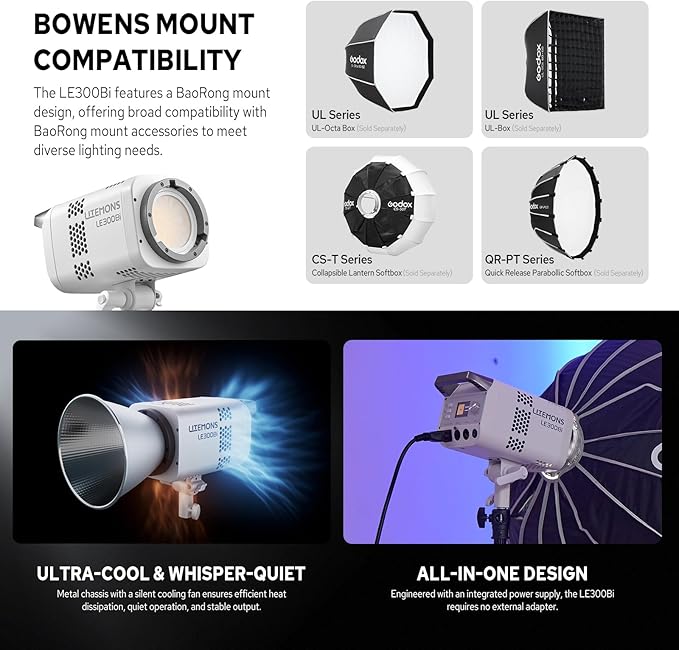 Godox Litemons LE300Bi 300W Bicolor LED Video Light, 58900Lux@1M Studio Light with APP Control, 11 FX Effects, 2800K-6500K 0-100% Brightness Bowens Mount LED(White)